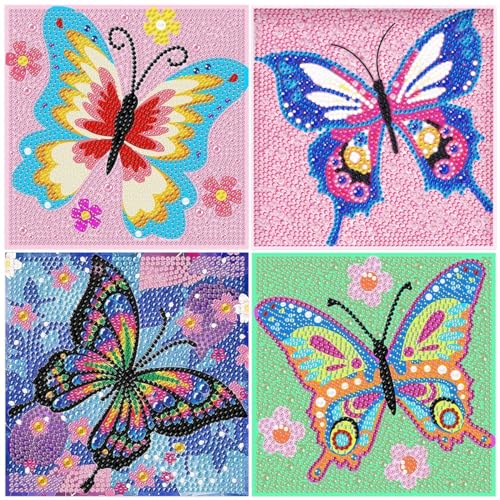 LGZIN 4 Stück 5D Diamond Painting Kinder, Set Full Diamant Painting Bilder Kinder, Diamond Painting Kinder Erwachsene mit Holzrahmen Schmetterlings, DIY Diamant Painting Bilder Set für Wanddekoration von LGZIN