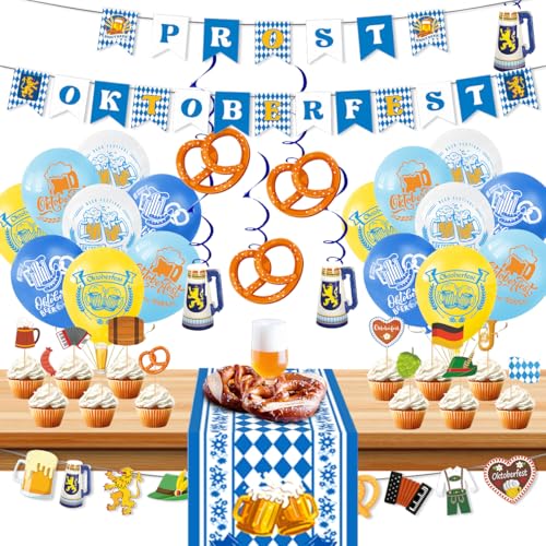 Oktoberfest Deko Set, Bayerische Deko Party, 16 Oktoberfest Luftballons + Wimpelkette + Girlande + Tischläufer + 12 Cake Topper + Hängende Strudel Dekorationen, Bayrische Dekoration Accessoires von LGZIN