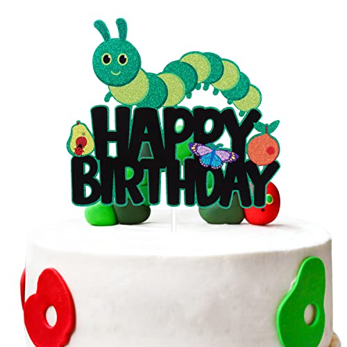 Cartoon Little Caterpillar Happy Birthday Tortenaufsatz – Frühlingsgrüne Raupe Schmetterling Glitzer Kuchendekoration – niedliche Raupe Baby 1. Geburtstag Party Dekoration von LHCING