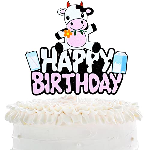 Cartoon Milch Happy Birthday Kuchenaufsatz – Bauernhoftier Glitzer Papier Kuchenaufsatz Party Dekorationen von LHCING