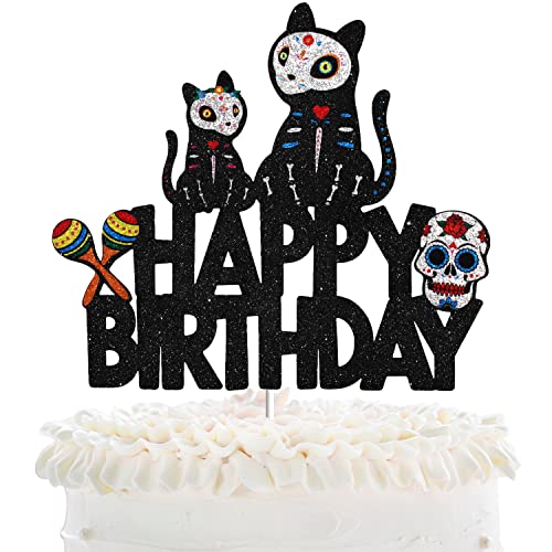 Halloween Zuckerschädel Katze Happy Birthday Tortenaufsatz – Halloween Skelett Tag des Todes Kuchens Topper Supplies – Gothic Mr Mrs Hochzeit Party Dekoration von LHCING