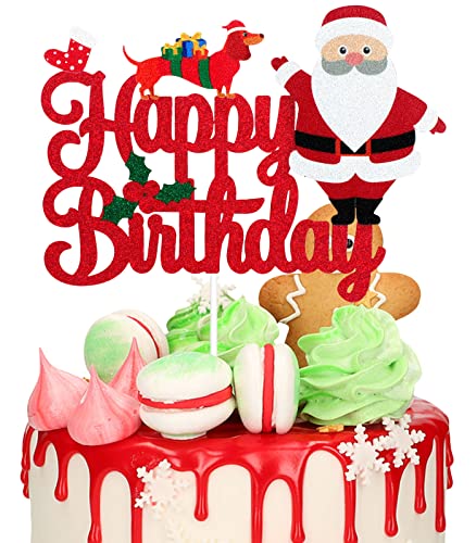 Merry Christmas Happy Birthday Cake Topper - Winter Christmas Glitter Santa Dackel Cake Topper - Joyeux Noel Happy New Year - Weihnachten Feiertage Party Dekoration von LHCING