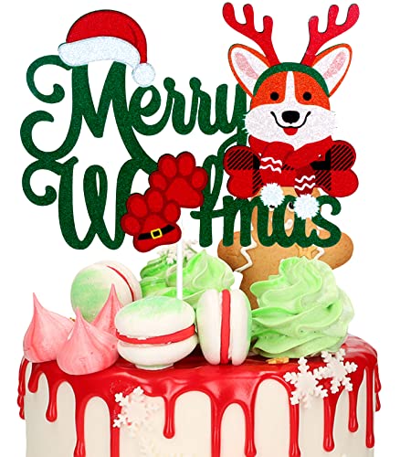 Merry Woofmas Christmas Happy Birthday Cake Topper - Winter Christmas Glitter Corgi Dog Cake Topper - Joyeux Noel Happy New Year - Christmas Holidays Party Dekoration von LHCING