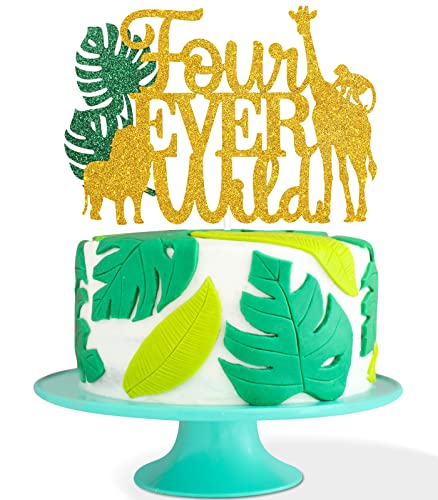 Tortenaufsatz zum 4. Geburtstag "Four Ever Wild 4. Geburtstag" – Dschungel-Safari-Dekorationen – Safari-Kuchenaufsatz zum 4. Geburtstag für Jungen von LHCING