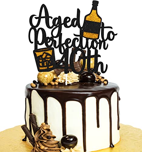 Tortenaufsatz zum 40. Geburtstag "Aged To Perfection" – Whiskey 40. Geburtstag, schwarzer Glitzer, Tortenaufsatz – Vintage 1982 "Happy 40th Birthday" von LHCING