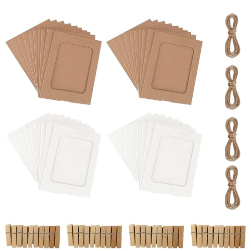 LHOEST 40 Stück Bilderrahmen aus Pappe Set, Papier Fotorahmen mit 40 Wäscheklammern Holz und 4 Hanfseil, DIY Kraftpapier Bilderrahmen 10x15 für Hängende Wanddekoration Fotogirlande (weiße+Braun) von LHOEST