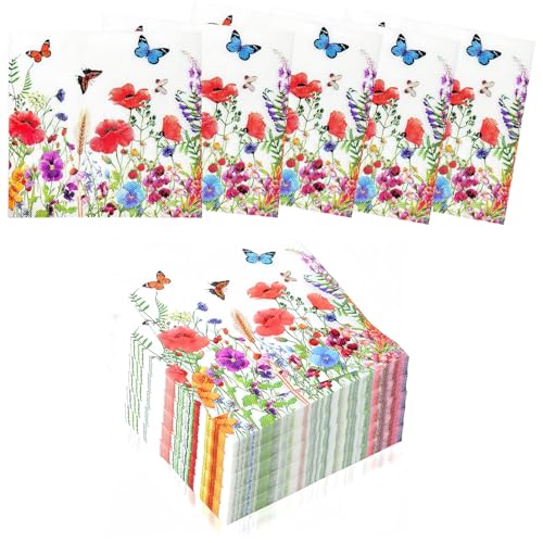 LHOEST Papierservietten Blumenmuster 80 Stück, Servietten Blumen für Hochzeit Frühling Geburtstage Partys, Schmetterlings Blume Hochzeitsservietten für Feiern Tisch Dekorationen 33x33cm von LHOEST