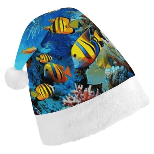 LHOKDR The Underwater World Weihnachtsmütze mit tropischem Fischdruck, Weihnachtsmütze für Erwachsene – Weihnachtsmannmütze für Damen und Herren von LHOKDR