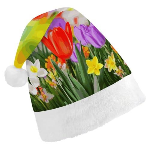 LHOKDR Weihnachtsmütze mit Frühlingsblumen-Druck, Weihnachtsmütze für Erwachsene – Weihnachtsmannmütze für Damen und Herren von LHOKDR