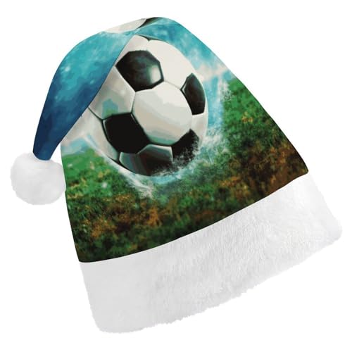 LHOKDR Weihnachtsmütze mit Fußball-Hintergrund, Weihnachtsmütze für Erwachsene – Weihnachtsmannmütze für Damen und Herren von LHOKDR