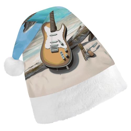 LHOKDR Weihnachtsmütze mit Gitarre am Strand, Weihnachtsmütze für Erwachsene – Weihnachtsmannmütze für Damen und Herren von LHOKDR