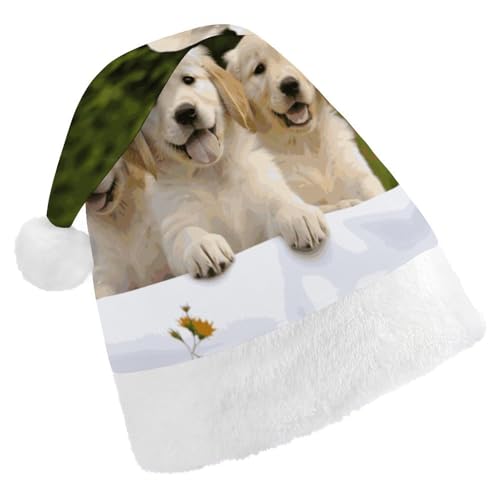 LHOKDR Weihnachtsmütze mit Golden Retriever-Welpen, Weihnachtsmütze für Erwachsene – Weihnachtsmannmütze für Damen und Herren von LHOKDR