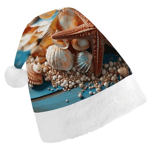 LHOKDR Weihnachtsmütze mit Muscheln und Seestern, Weihnachtsmütze für Erwachsene – Weihnachtsmannmütze für Damen und Herren von LHOKDR