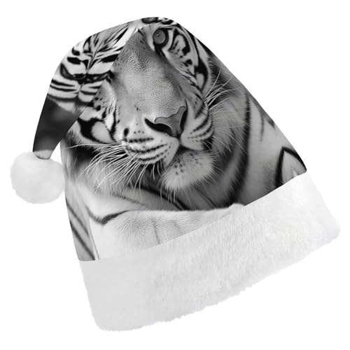 LHOKDR Weihnachtsmütze mit Tiger-Aufdruck, Weihnachtsmütze für Erwachsene – Weihnachtsmütze für Damen und Herren, Schwarz / Weiß von LHOKDR