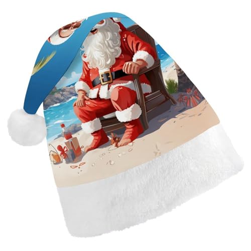 LHOKDR Weihnachtsmütze mit Weihnachtsmann-Motiv am Strand, Weihnachtsmütze für Erwachsene – Weihnachtsmütze für Damen und Herren von LHOKDR