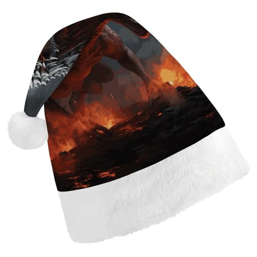 LHOKDR Weihnachtsmütze mit rotem Magma-Motiv mit fliegenden Drachen, Weihnachtsmütze für Erwachsene – Weihnachtsmannmütze für Damen und Herren von LHOKDR