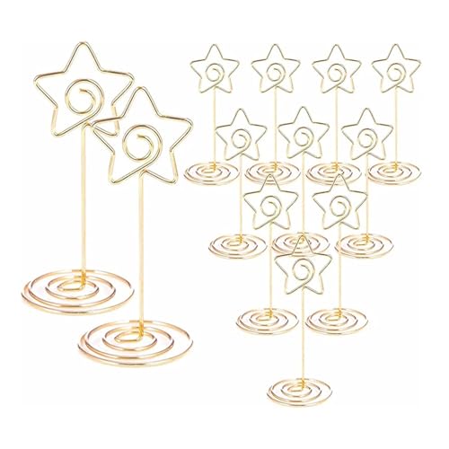 Tischnummer Halter Ständer 10/20 Stück runder Fotohalter in Herz- und Sternform, Tischnummernhalter, Tischkarten-Papier-Menü-Clips for die Dekoration von Hochzeitsfeiern(Star-Gold,10pcs) von LHSJYG