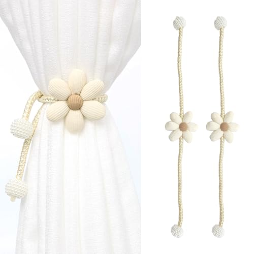 LIANCHEN 2 Pcs Gestrickte Vorhang Halter Beige Blumen Raffhalter Blumen Boho Vorhanghalter Deko Raffhalter Dekorative Vorhang Gardinen Kordel mit Perlen für Haus, Büro, Fenster Dekoration (Beige 1) von LIANCHEN