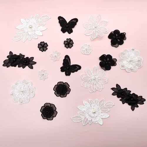 LIANCHEN 20 Pcs Stickerei-Organza-Aufnäher Schwarz Perlen Blumen Applique Spitze Organza Stickerei Applique Blumen Spitzenpatches Stickpatches Organza für Nähen, Kunsthandwerk (Schwarz, weiß) von LIANCHEN