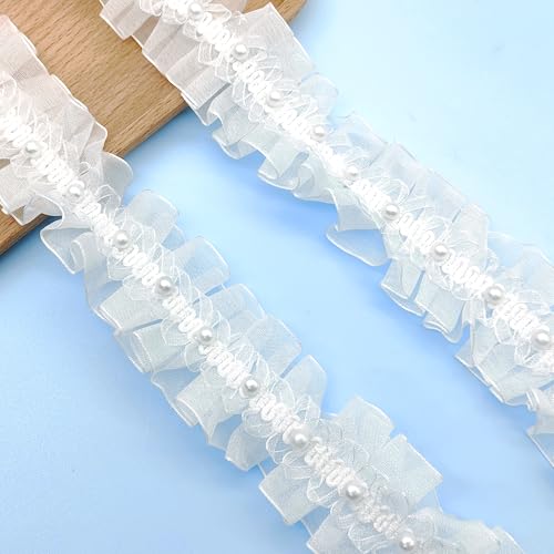 LIANCHEN 5 Yards Doppellagige Rüschenband 4cm Perlenband Spitzenband Pleated Perlenverzierte Geraffte Spitzenbordüre Plissiert Rüschen-Borte für Nähen Handwerk Hochzeit Deko(Weiß 2) von LIANCHEN