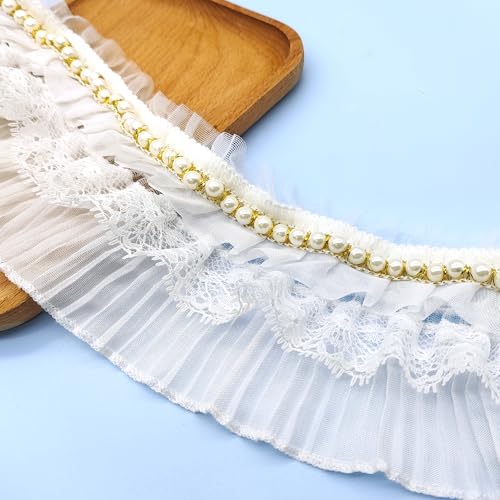 LIANCHEN 3 Yards 9.5cm Drei Etagen Rüschenband Perlenband Spitzenband Pleated Perlenverzierte Geraffte Spitzenbordüre Plissiert Rüschen-Borte für Nähen, Lolita, Puppe,Kleid Kostüm (Weiß 3) von LIANCHEN