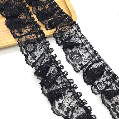 LIANCHEN 5 Yards 6cm Breite Rüschen-Borte Blumen Pleated Tulle Lace Fabric Plissee Tüll Spitzenstoff Spitzen-Blumen Dekoband Schwarz Spitzenbesatz Rüschen für Nähen, Handwerk, Halloween (Schwarz) von LIANCHEN