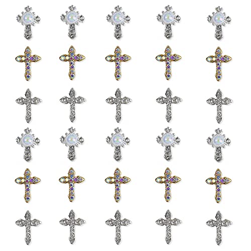 CHENNAN 30 Stück 3D Kreuz Form Nagel Kunst Charms aus Nagel Strass Nail Art Strasssteine 3D Nagelschmuck Mit Perle Für Nageldekorationen für Nägel DIY Strass Kristall Diamant Nail Art Dekoration (1#) von CHENNAN