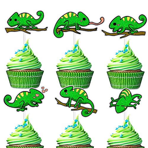 Cartoon-Cupcake-Topper-Set mit niedlichen Chamäleon-Dessert-Cupcake-Dekorationen für Reptilien, Haustier-Thema, Babyparty, Jungen, Mädchen, Party-Dekorationen – Set mit 18 Stück von LIANGSS