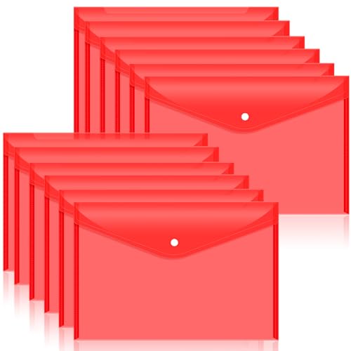 Dokumentenmappen aus Kunststoff mit Druckknopfverschluss, transparente Dokumentenmappen für Briefe im A4-Format, Polymappen, für Schule und Bürobedarf, Rot, 12 Stück von LIANGYUNZE