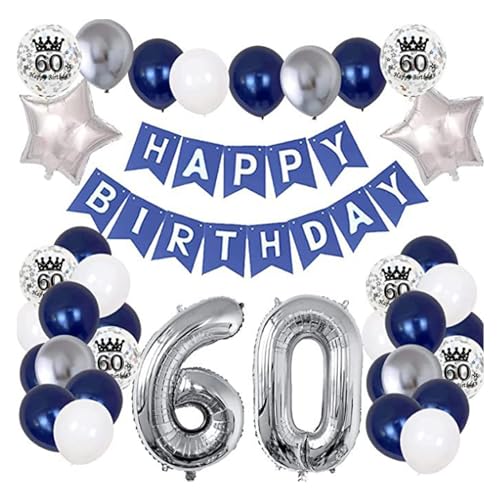 LIANRISES 37 Stück Deko 60 Geburtstag Mann Luftballons Blau 60. Geburtstag Luftballons Silber Luftballons 60 Geburtstag Mann Geburtstagsbanner 60 von LIANRISES