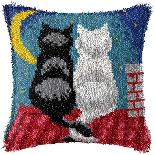 LIAZLIUT Kissenbezug Mit Knüpfhaken, Häkelgarn-Set, Muster Bedruckte Leinwand, Kreativitäts-Stickerei-Bastelset, Katze (43 X 43 cm) von LIAZLIUT