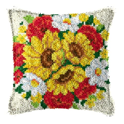 LIAZLIUT Kissenbezug Mit Knüpfhaken, Häkelgarn-Set, Muster Bedruckte Leinwand, Kreativitäts-Stickerei-Bastelset, Sonnenblume (43 X 43 cm) von LIAZLIUT