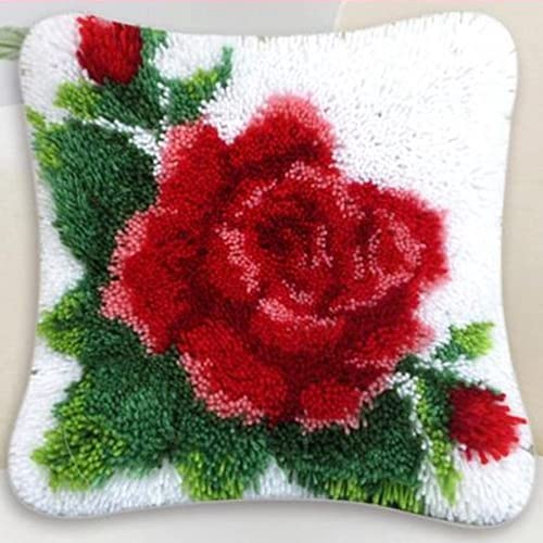 LIAZLIUT Kissenbezug Mit Knüpfhaken, Nähsets, Sticksets Zum Selbermachen, Teppich-Set, Rote Blume (43 X 43 cm) von LIAZLIUT