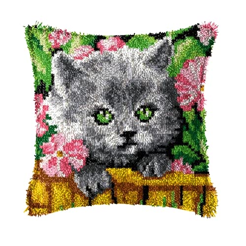 LIAZLIUT Kissenbezug Mit Knüpfhaken, Stick-Bastelset, Muster, Bedruckte Leinwand, Kreativität, Häkel-Geschenk, Katze (43 X 43 cm) von LIAZLIUT