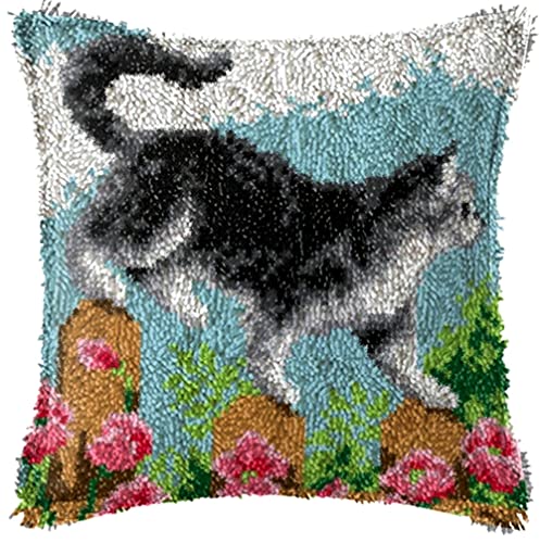 LIAZLIUT Kissenbezug Mit Knüpfhaken, Sticksets, Teppich-Set, DIY-Sets Zur Handarbeitsherstellung Für Teppiche, DIY-Bastelsets, Graue Katze (43 X 43 cm) von LIAZLIUT