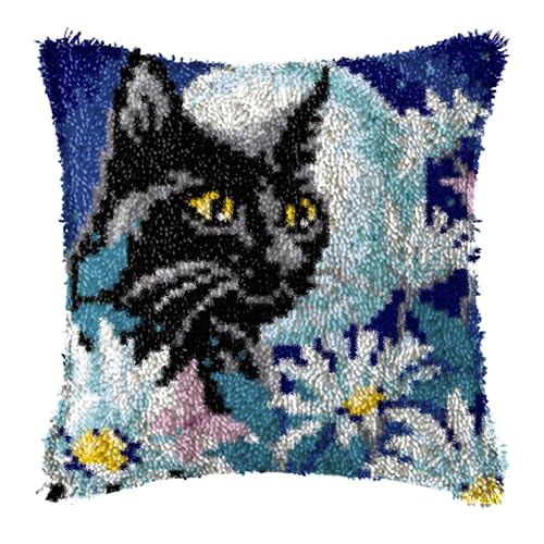 LIAZLIUT Kissenbezug Mit Knüpfhaken, Teppich-Knüpfset, Knüpfset Für Anfänger, Erwachsene Oder Kinder, Schwarze Katze (43 X 43 cm) von LIAZLIUT