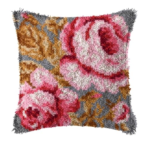 LIAZLIUT Kissenbezug Mit Knüpfhaken, Unfertiger Häkelteppich, Garn-Kissenmatte Für Kinder Mit Aufgedrucktem Canvas-Muster, Vintage-Rose (43 X 43 cm) von LIAZLIUT