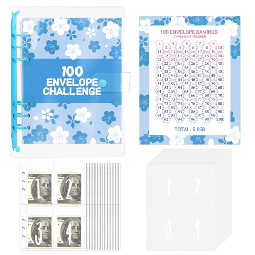 100 Envelope Saving Challenge,A5 Budgetplaner,Ringbuch A5 mit Challenge Tracker+Pre-numbered Taschen,Briefumschläge Challenge Binder,Sparen Challenge Binder,für Budget Binder Schule,Zuhause-Blau von LIBAIDZ