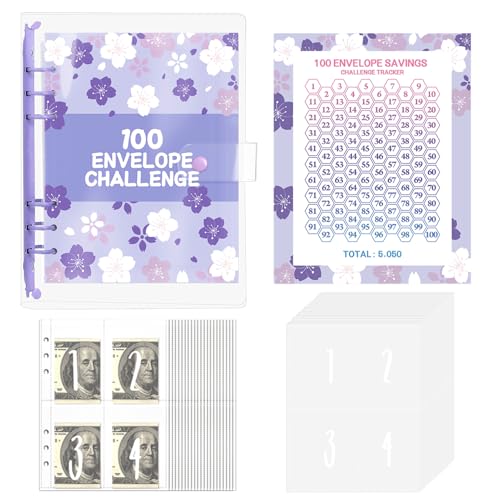 100 Envelope Saving Challenge,A5 Budgetplaner,Ringbuch A5 mit Challenge Tracker+Pre-numbered Taschen,Briefumschläge Challenge Binder,Sparen Challenge Binder,für Budget Binder Schule,Zuhause-Lila von LIBAIDZ