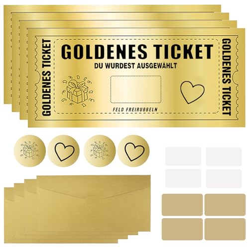 4pcs Gutscheinkarten mit Umschlag Set,Goldenes Ticket Gutschein Rubbel,Geschenkkarte zum Selber Ausfüllen mit Rubbellose,Goldenes Ticket,Weihnachten Geschenke für Frauen,Mama,Freundin,Geburtst von LIBAIDZ