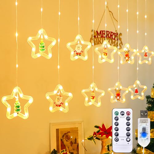 LIBRNTY 120 LED Weihnachtsdeko Fenster Beleuchtet,Weihnachten Fenster Vorhang Lichter,Lichterkette Gardine für Weihnachten mit 8 blinkenden Modi für,Balkon,Party,Kommt mit 10 S-förmigen Cliphaken von LIBRNTY