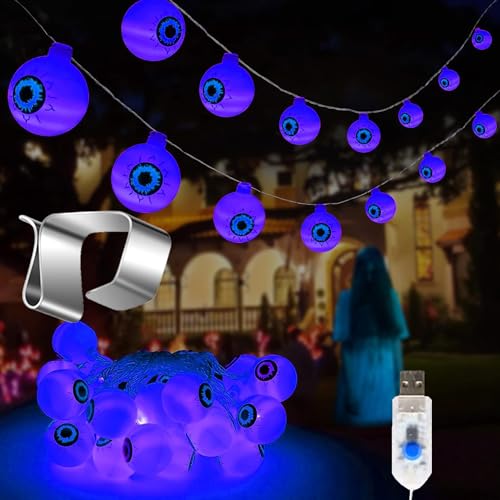 LIBRNTY Halloween Lichterkette Augapfel,Wasserdicht Augapfel Lichter,LED Schnur Lichter,Lichterkette Außen,8 Modes Dekoration Lichter Stromversorgung über USB für Halloween Hause Party Deko (Blau) von LIBRNTY