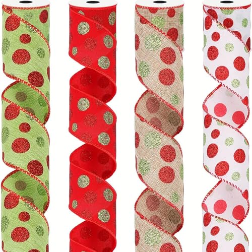 LICHENGTAI 4 Rollen Weihnachtsband, Weihnachten Polka Spot Ribbon Set Weihnachten Deko Schleifenband Vintage Weihnachtsband für Feiertagsdekoration und Kunsthandwerk von LICHENGTAI