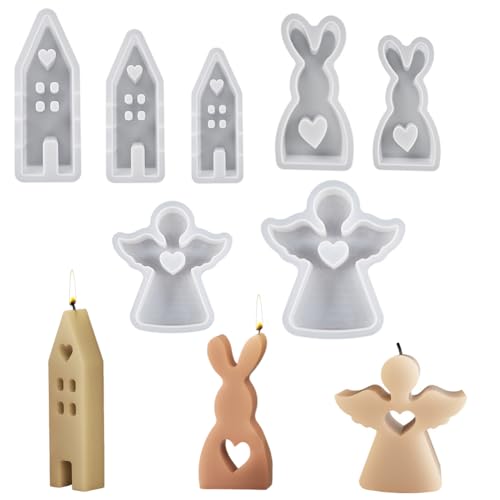 LICHENGTAI Ostern Silikonform Ostereier Epoxidharz Formen Kaninchen Engel Gießformen Hausformen 3D Osterhase Silikonform DIY Osterhase Silikonform for Gips, Sojawachs Kerzen, Handwerk, 7 Stück von LICHENGTAI