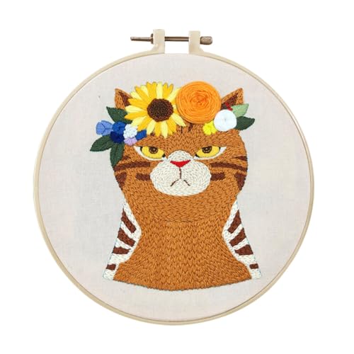 LICHENGTAI Sticken für Anfänger, Katze Muster Stickerei Werkzeugsatz DIY Handgemachte Katze Cross Stitch Embroidery Starter Kit für Erwachsene Anfänger von LICHENGTAI