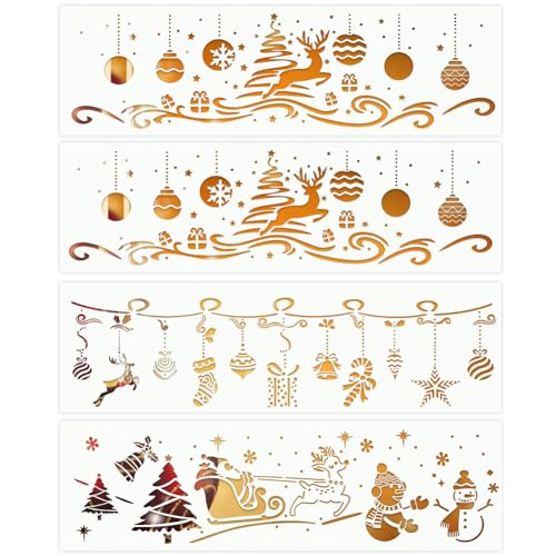 LICHENGTAI Weihnacht Bemalung Schablonen, 4 Stück Christmas Painting Templates PET Zeichnungsschablonen 50CM x 14CM Wiederverwendbare Schablonen für Weihnachten Maskerade Partys von LICHENGTAI