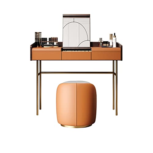 Frisiertisch Schminktisch-Set mit Hocker, Heimkommode, aufklappbares Leder, hochwertiges Holz, Schlafzimmer-Make-up-Tisch, Make-up-Hocker, Orange-Grau, versteckter Make-up-Spiegel, Kommode Schminktisc von LICONG-2020