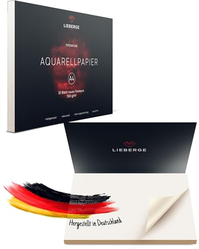 LIEBERGE Premium Aquarellpapier A4 300g – made in Germany – 30 Blatt Aquarellblock verleimt – naturweißes Malpapier für Wasserfarben | Watercolor Paper (A4 30 Blatt) von LIEBERGE