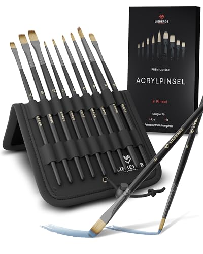 LIEBERGE Premium Pinselset Acrylfarben – 9 Acrylpinsel + Präsenter – perfekt für Acrylfarben – hochwertige Künstlerpinsel ohne Haarverlust beim Malen (9 Pinsel) von LIEBERGE