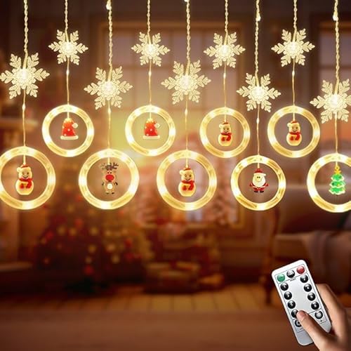 LIENGHNS Weihnachtsbeleuchtung Lichtervorhang, Weihnachtsbeleuchtung Fenster Innen, 3m 120 Lichtervorhang Innen, Weihnachtsdeko mit 10 Schneeflocken Deko und Figuren, Weihnachten Deko(Warmweiß USB) von LIENGHNS